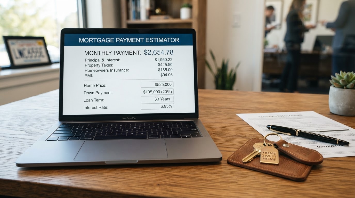 Mortgage payment calculator with house key showing PMI breakdown