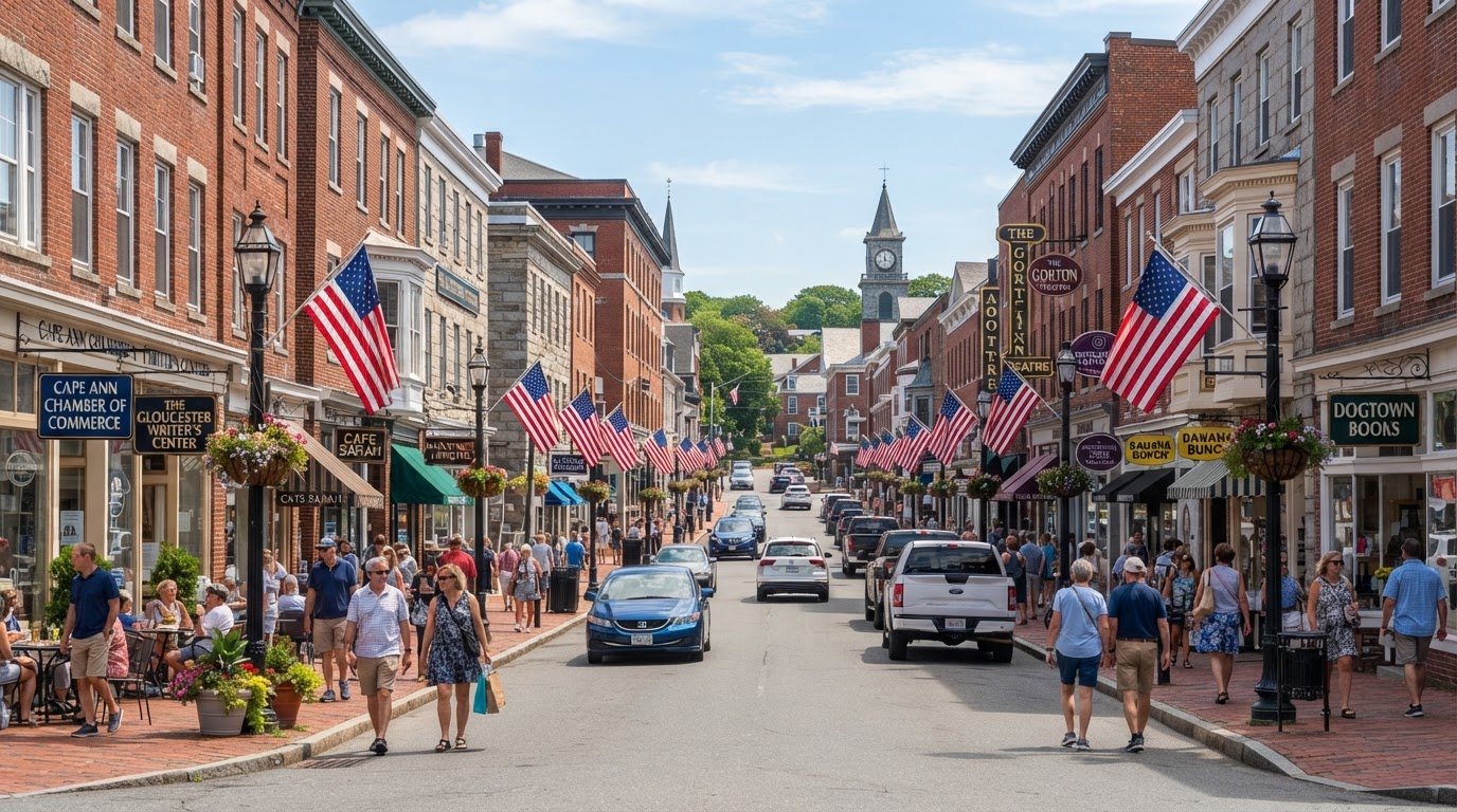 Main Street downtown Gloucester Massachusetts with historic brick storefronts and local shops on a sunny afternoon