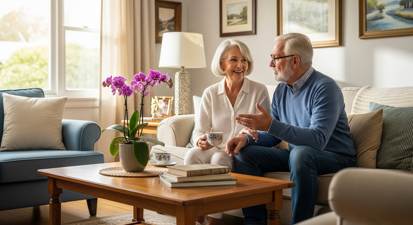 Senior couple having a calm conversation in a comfortable home