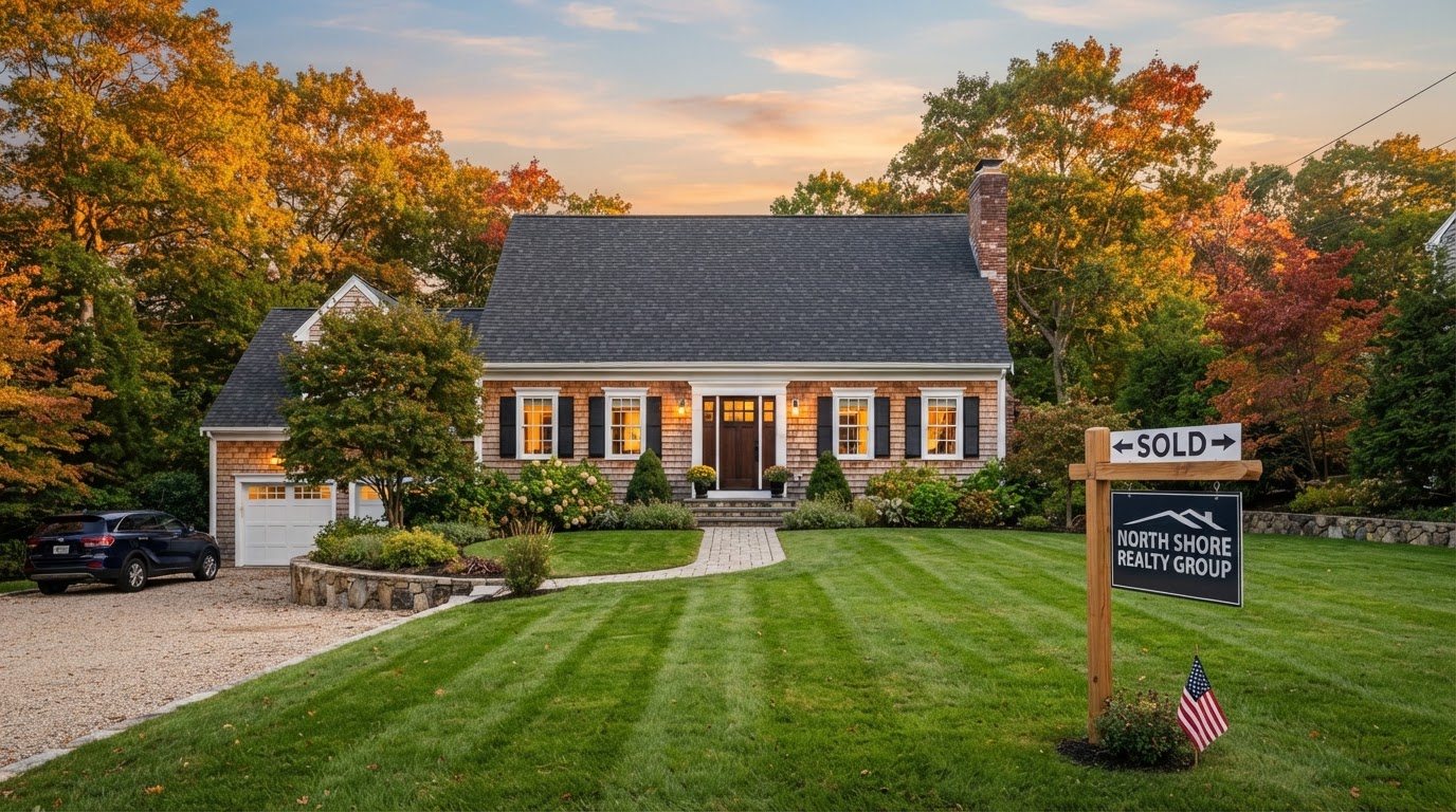North Shore colonial home with sold sign and early fall foliage