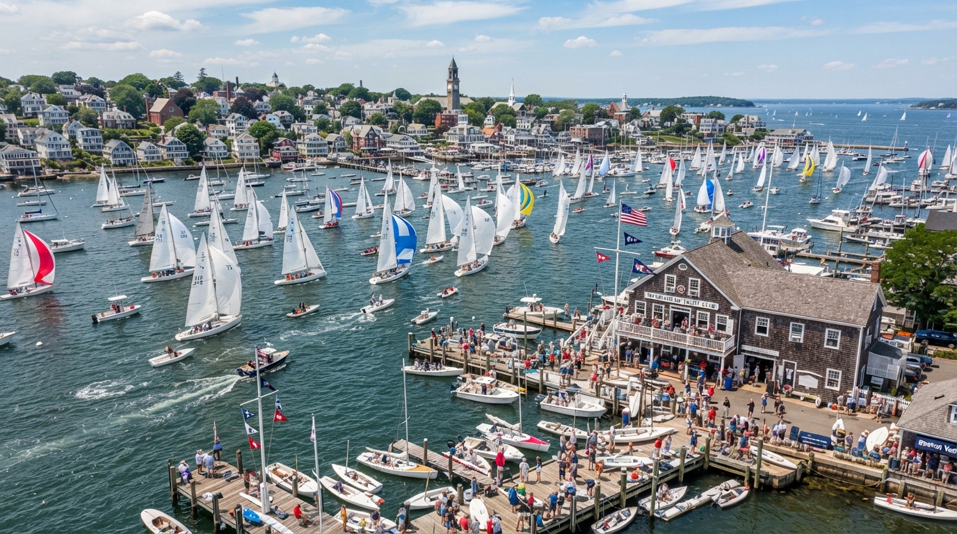 Marblehead Harbor filled with sailboats during a summer regatta