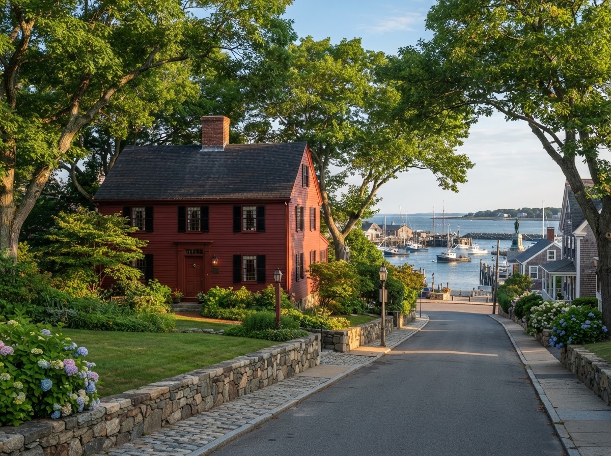 Classic New England colonial home on a tree-lined street in Gloucester, Massachusetts with a glimpse of the harbor