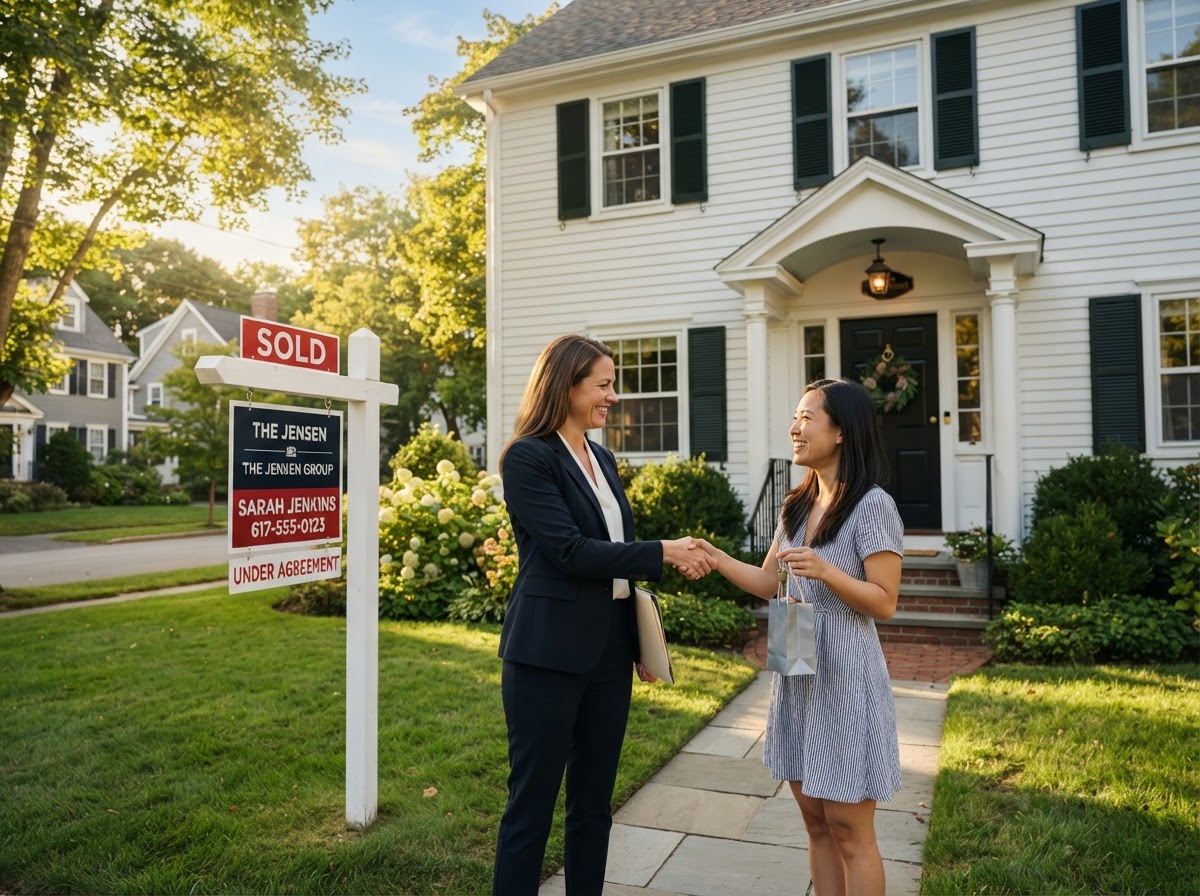 Home buyer and real estate agent in front of a New England colonial home with SOLD sign