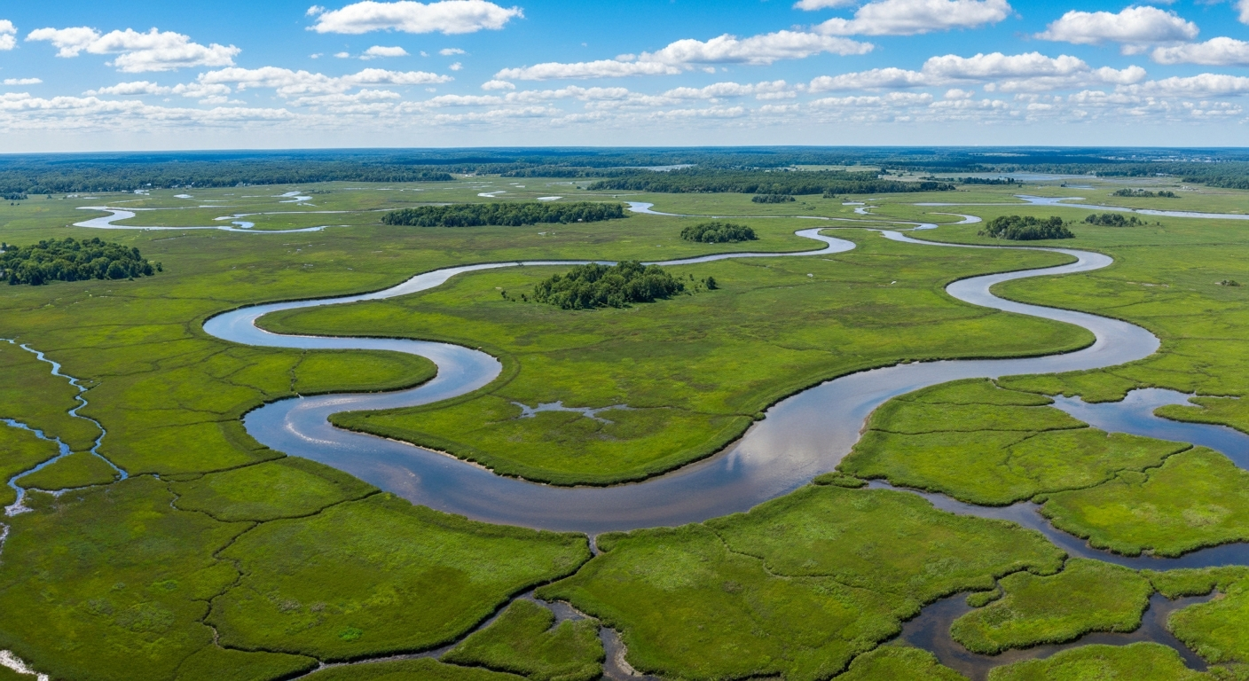 A beautiful aerial view of the Great Marsh in Ipswich and Rowley, Massachusetts, showing winding tidal rivers and lush green summer grass under a bright blue sky.