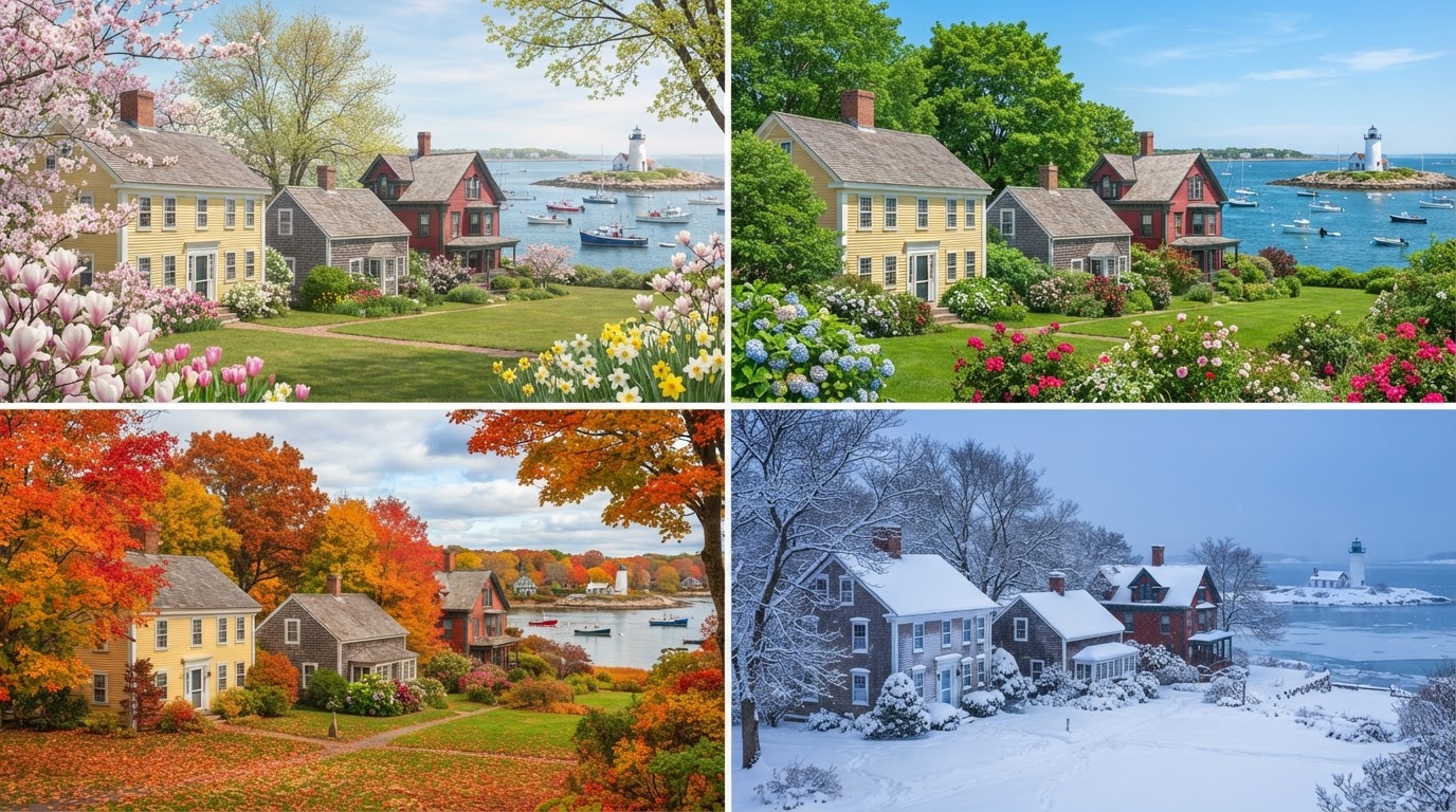 Row of North Shore Massachusetts homes in different seasons — spring, summer, fall, winter