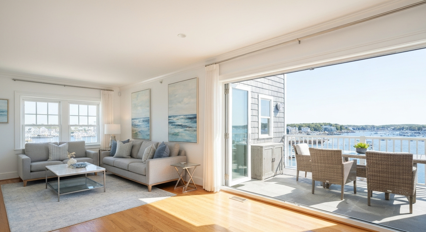 A bright modern condominium living room with a balcony overlooking the harbor in Gloucester Massachusetts