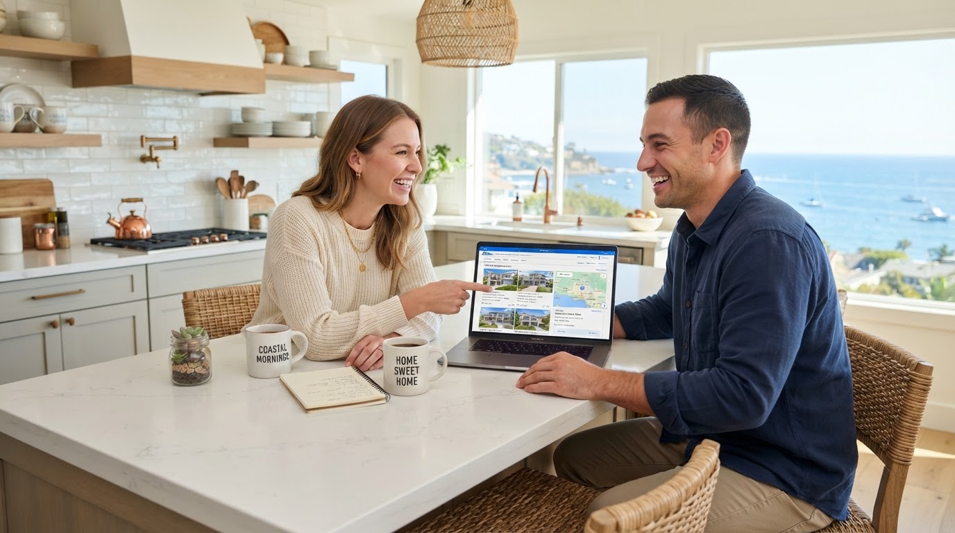 Couple reviewing real estate timeline options on a laptop at a kitchen island