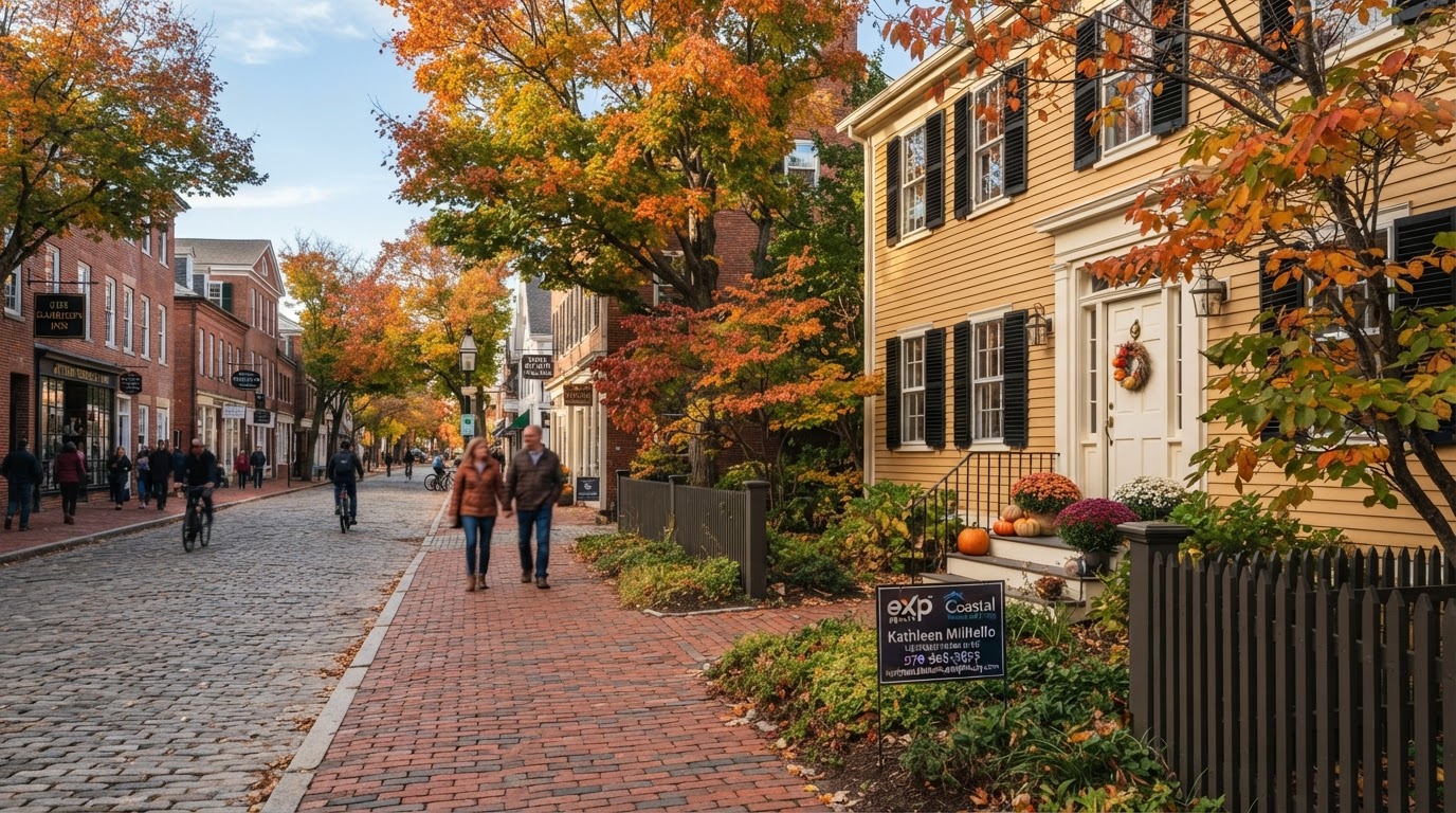 Historic brick downtown streets of Newburyport Massachusetts in early autumn with fall foliage