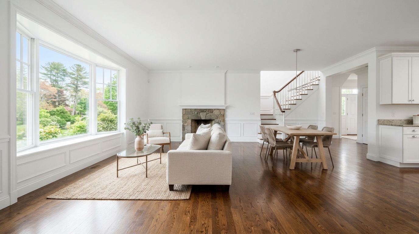 Beautifully maintained vacant New England home interior, staged with minimal furniture