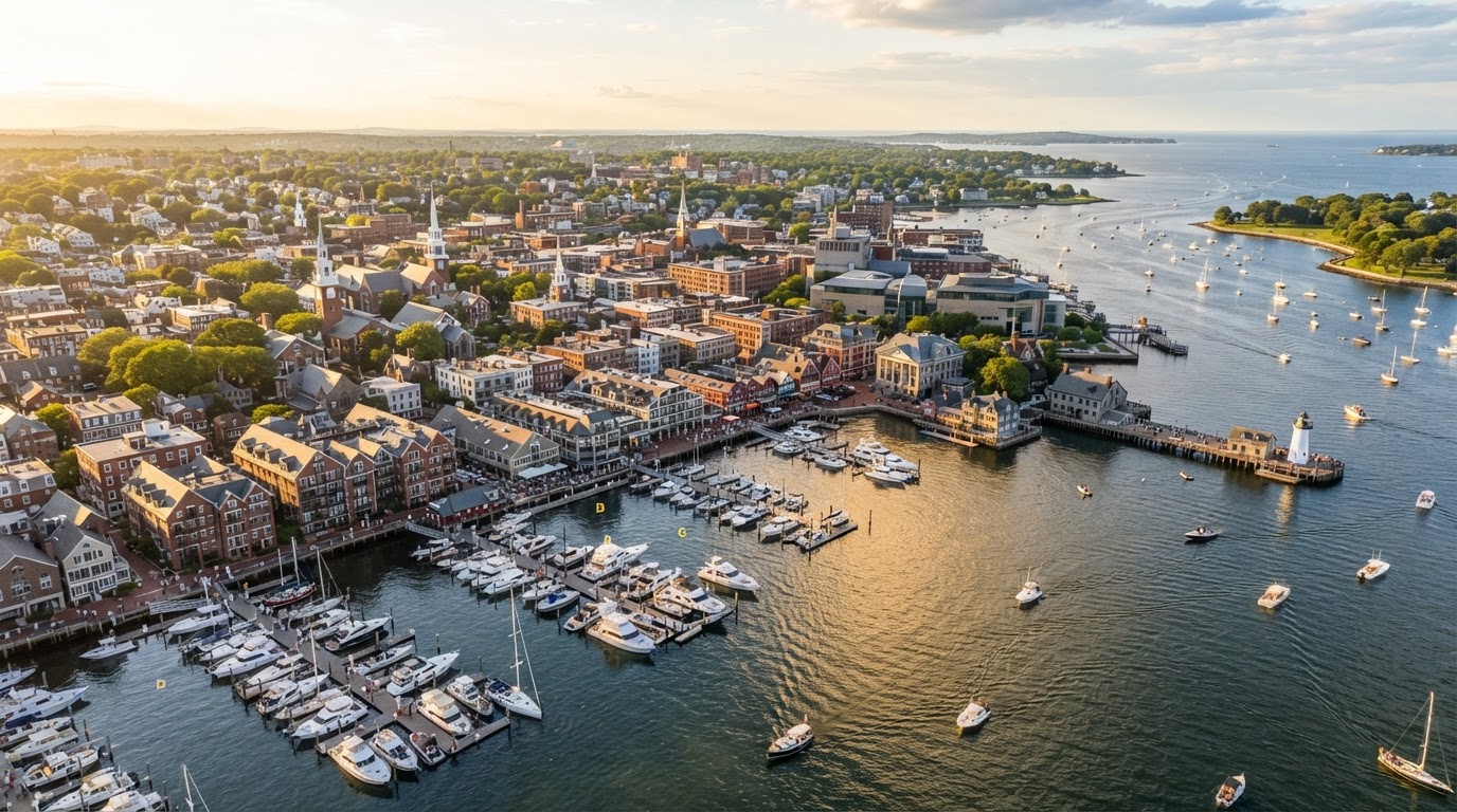 Aerial view of Salem Massachusetts harbor at golden hour with Pickering Wharf marina and historic waterfront buildings