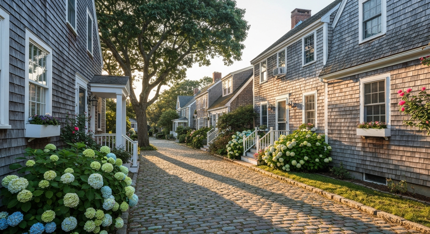 A professional editorial photograph of a charming, historic residential street in Salisbury, Massachusetts, featuring classic coastal cottages, mature trees, and warm afternoon light.