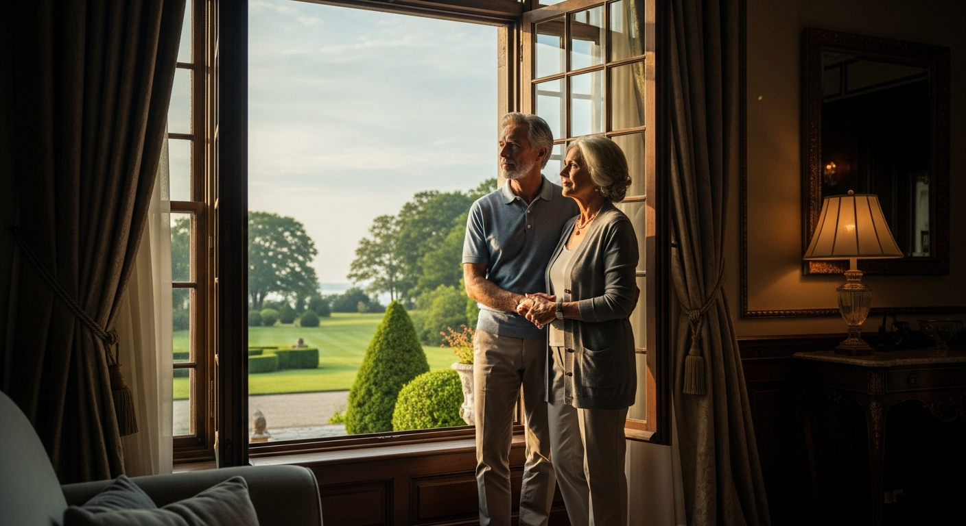 A mature couple looking out a window at their large North Shore estate, contemplating their next move, soft morning light.