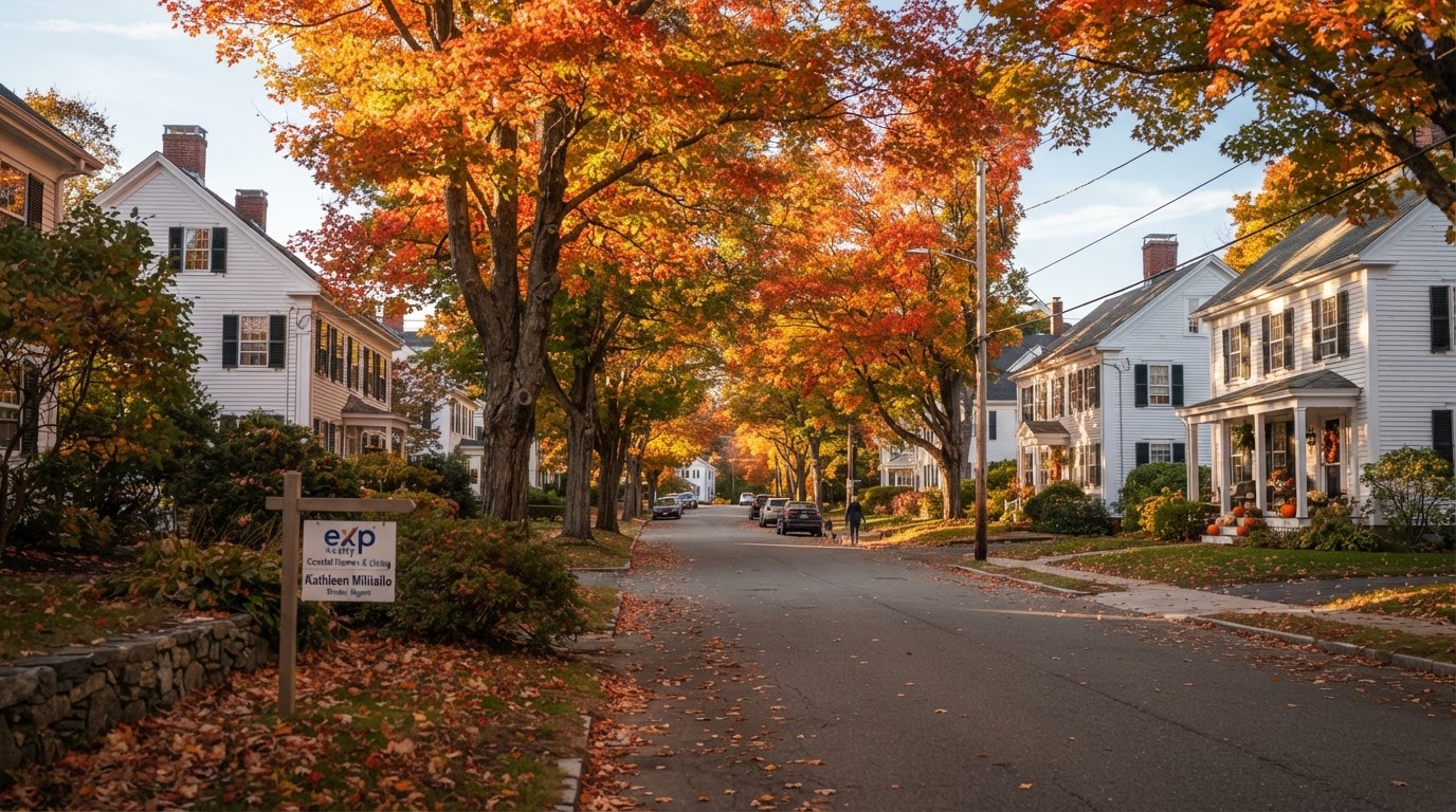 A quiet New England coastal street in autumn with a single eXp Realty Coastal Homes & Living real estate sign by Kathleen Militello