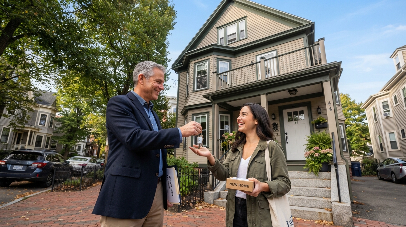 North Shore landlord handing keys to a new owner in front of a multifamily home