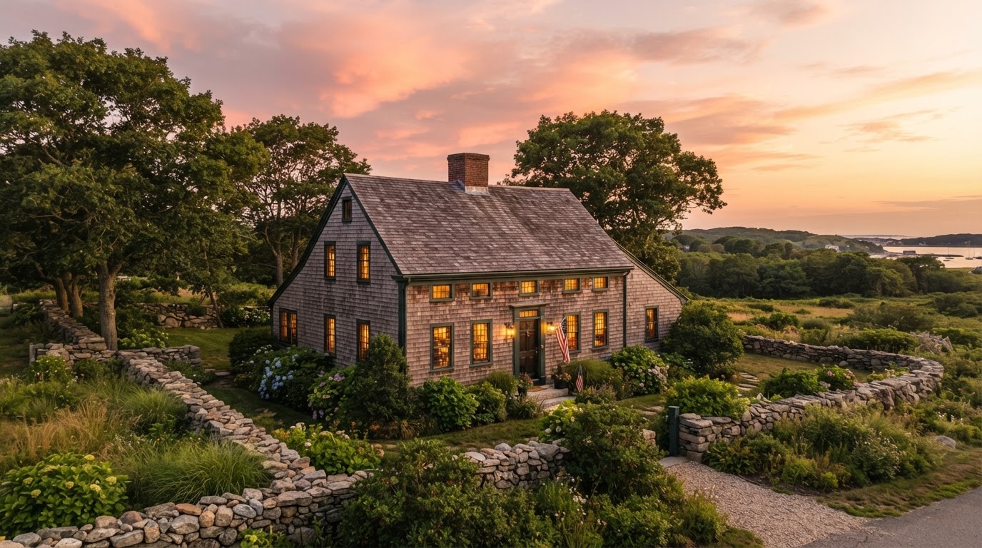 Classic New England saltbox home with stone walls on Boston's North Shore at golden hour