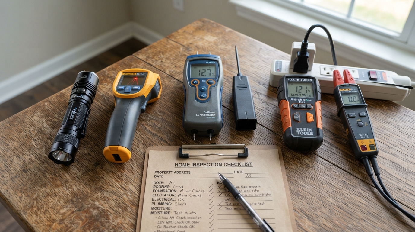 Home inspector's tools — flashlight, moisture meter, electrical tester — on a wooden table with a checklist