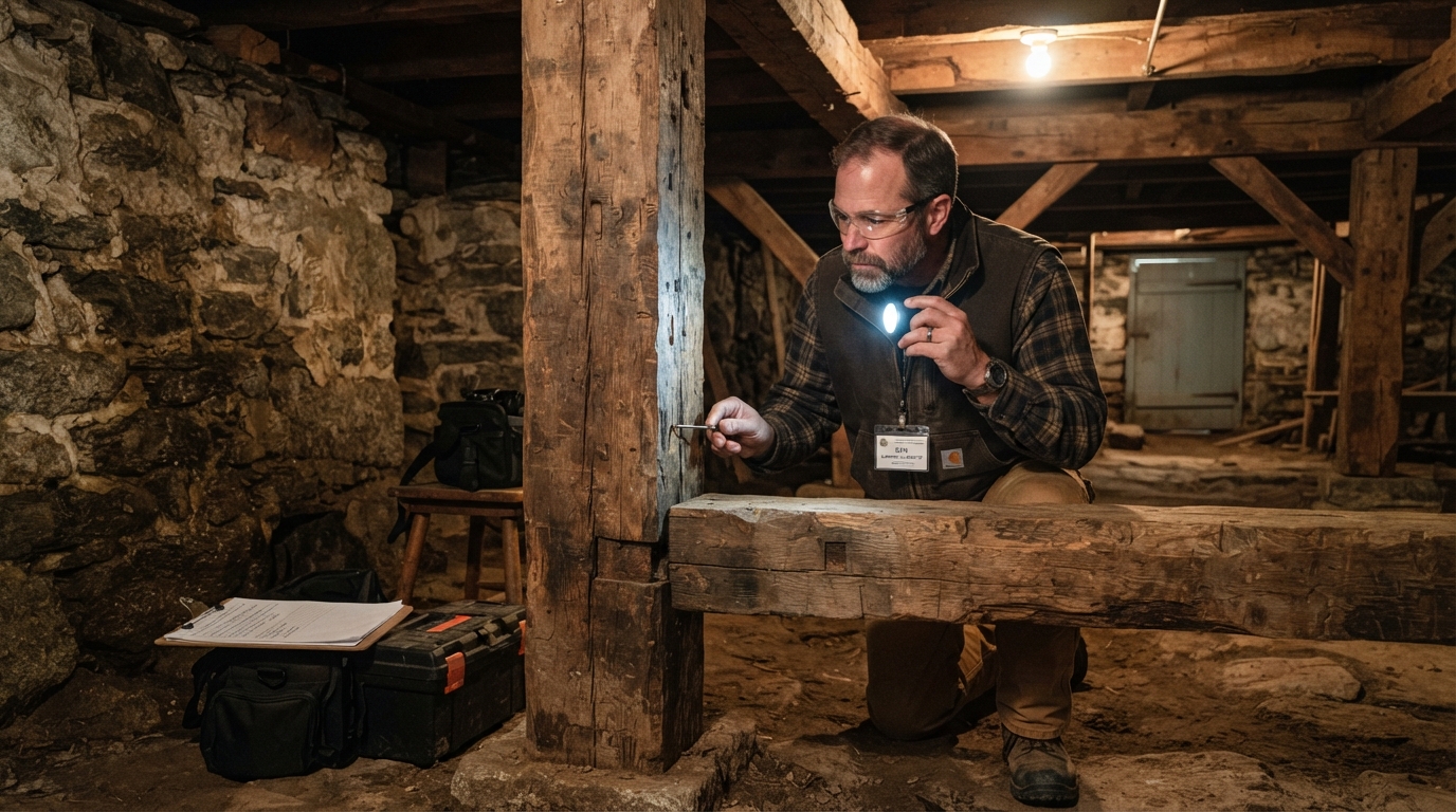 Licensed inspector evaluating historic timber framing and stone foundation in a New England basement