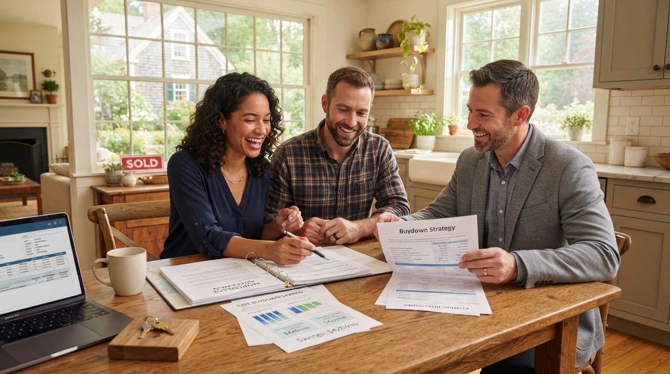 Couple reviewing mortgage documents with their real estate agent at a kitchen table