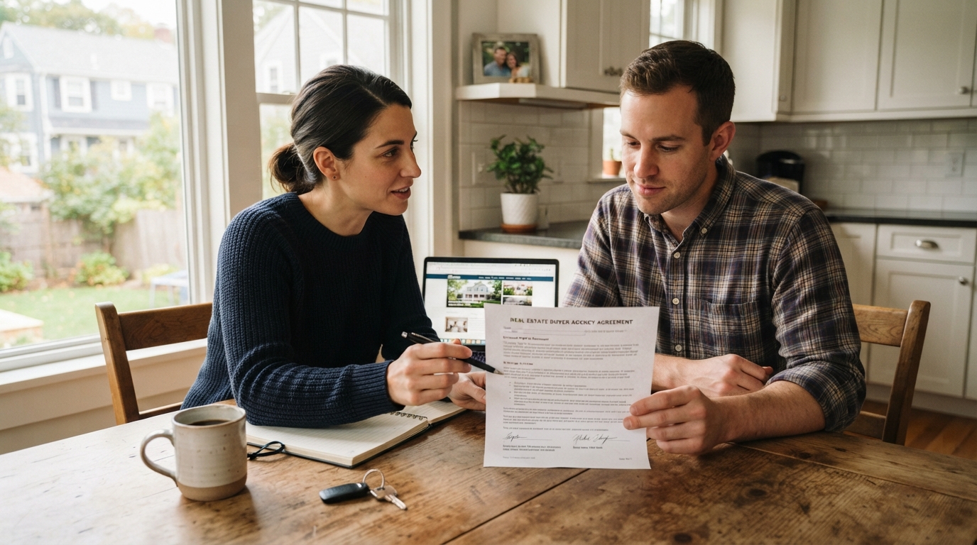 Two people reviewing a buyer agency agreement at a kitchen table