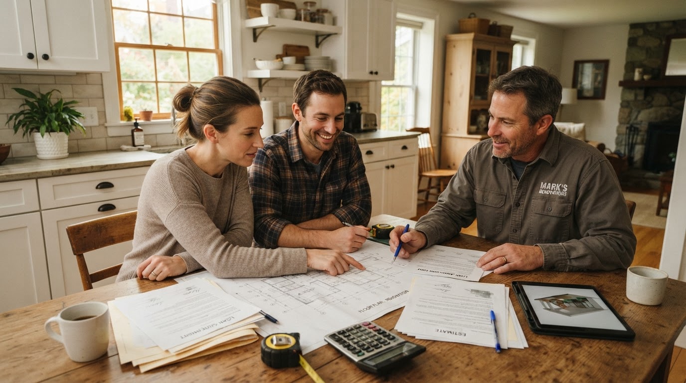 Couple reviewing renovation plans and loan documents with a contractor