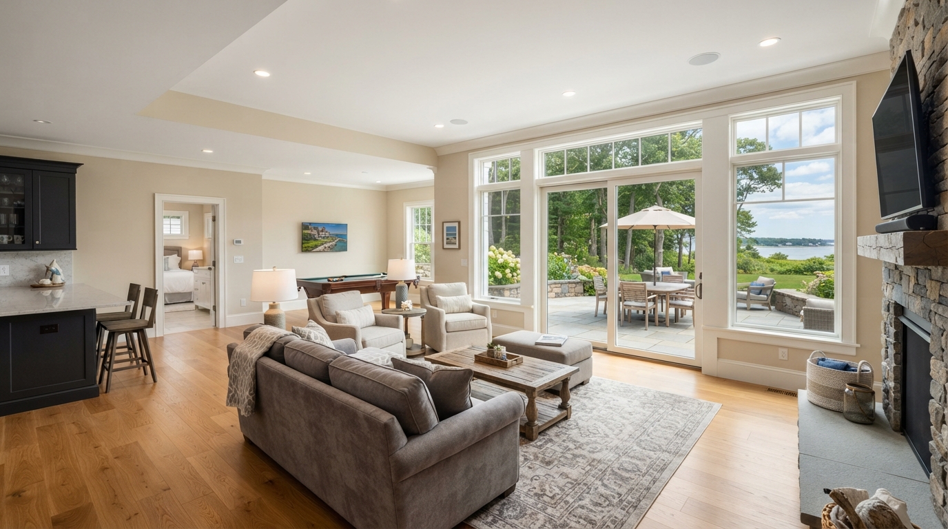 Bright finished walkout basement living space in a North Shore home