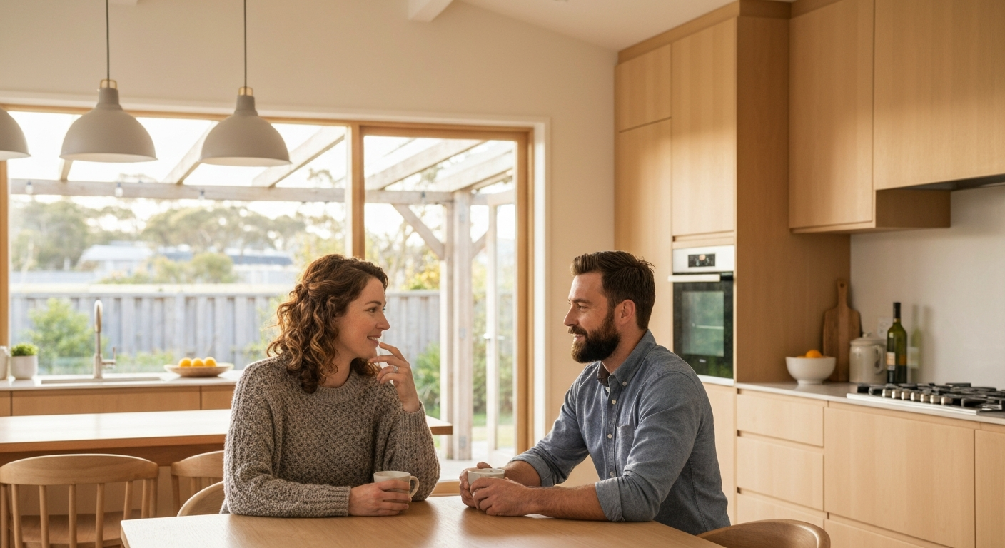 A couple thoughtfully planning their next move in a bright, coastal Massachusetts kitchen.