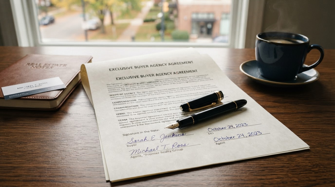 Signed buyer agency agreement document with pen on desk
