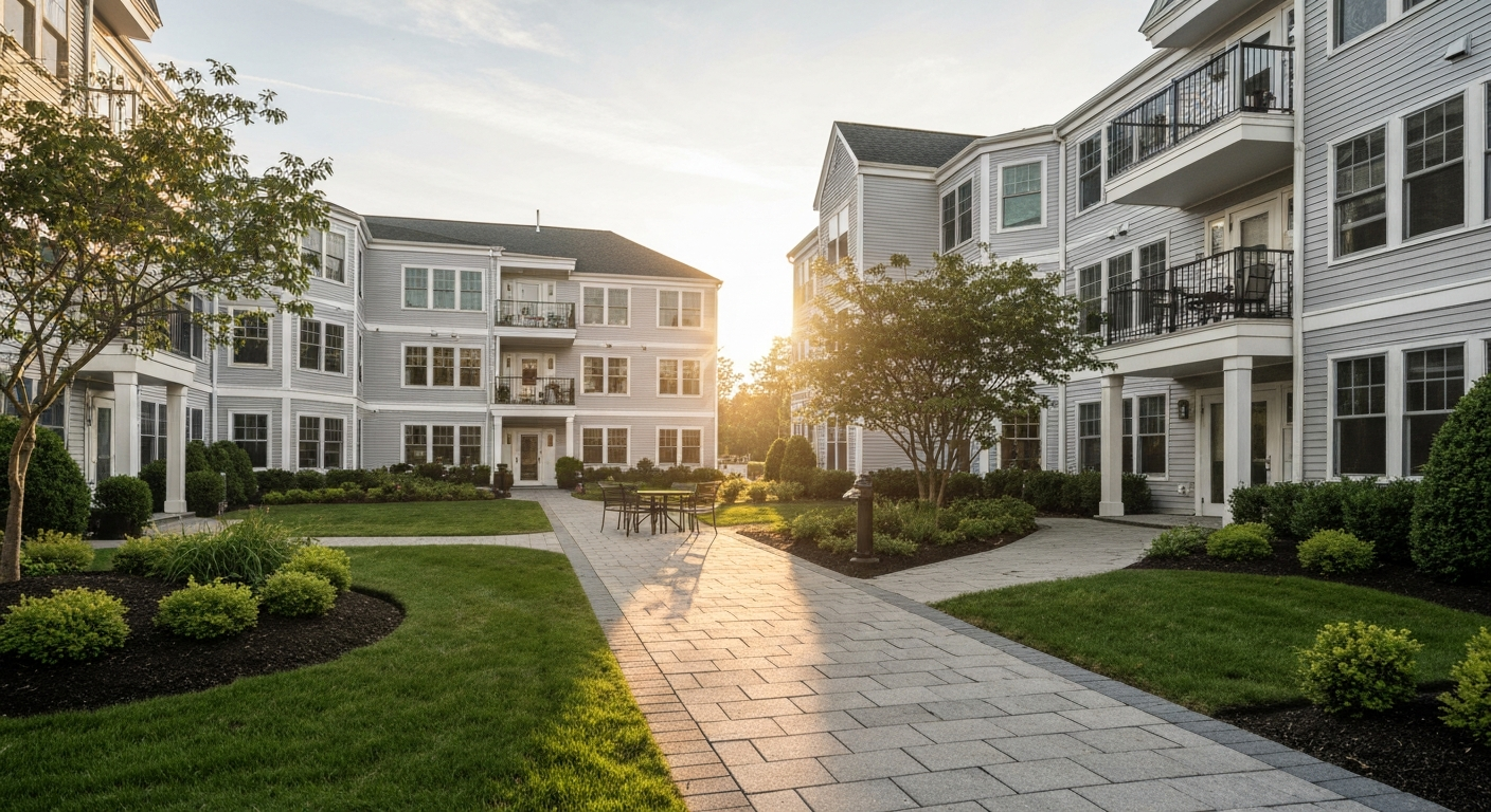 A beautifully landscaped courtyard at a luxury condominium building in Salem Massachusetts