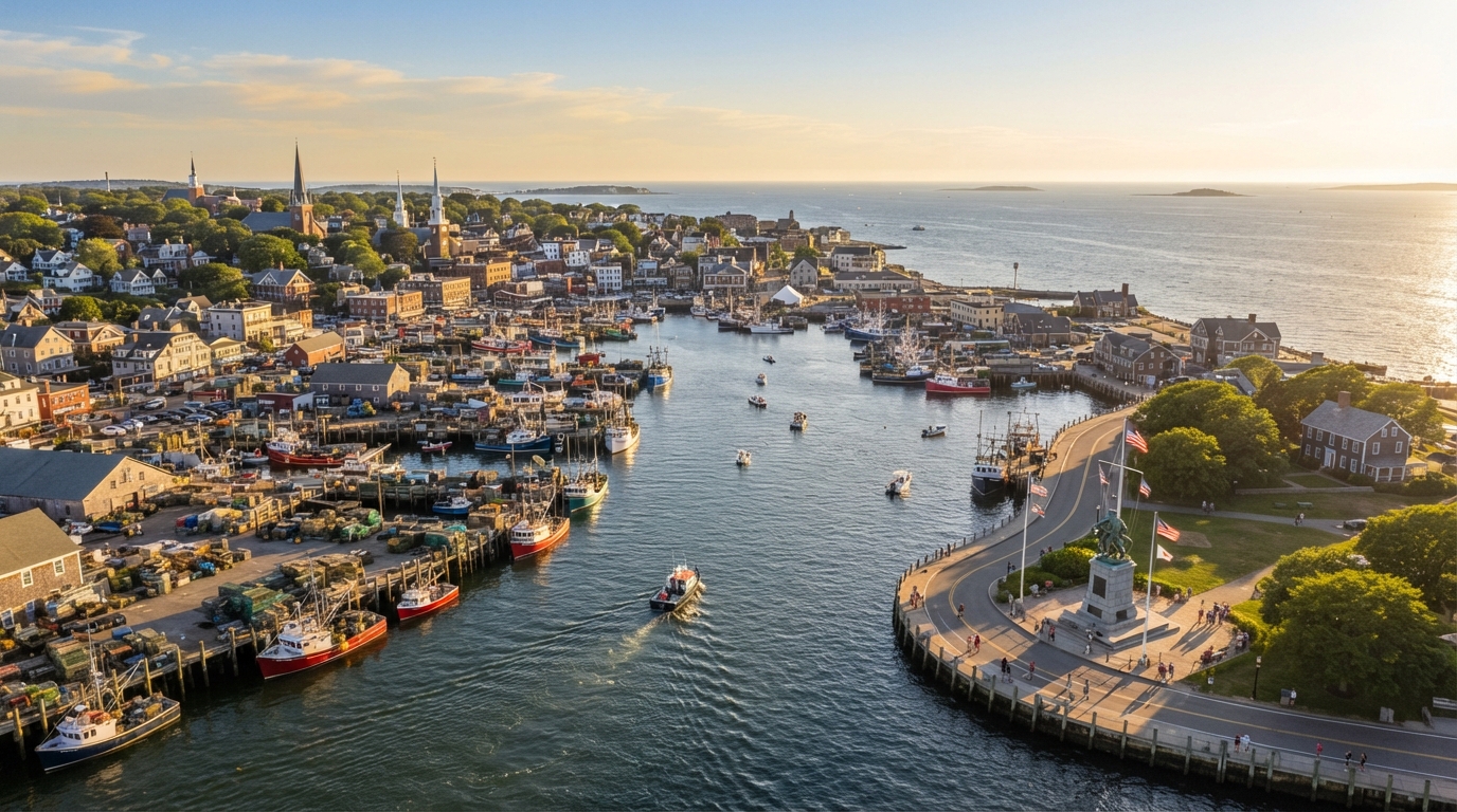 Aerial view of Gloucester Massachusetts harbor at golden hour with fishing boats docked along the working waterfront