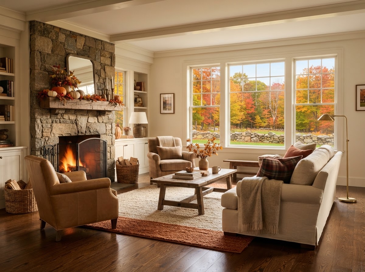 Cozy New England living room with fireplace and warm autumn light — fall home staging