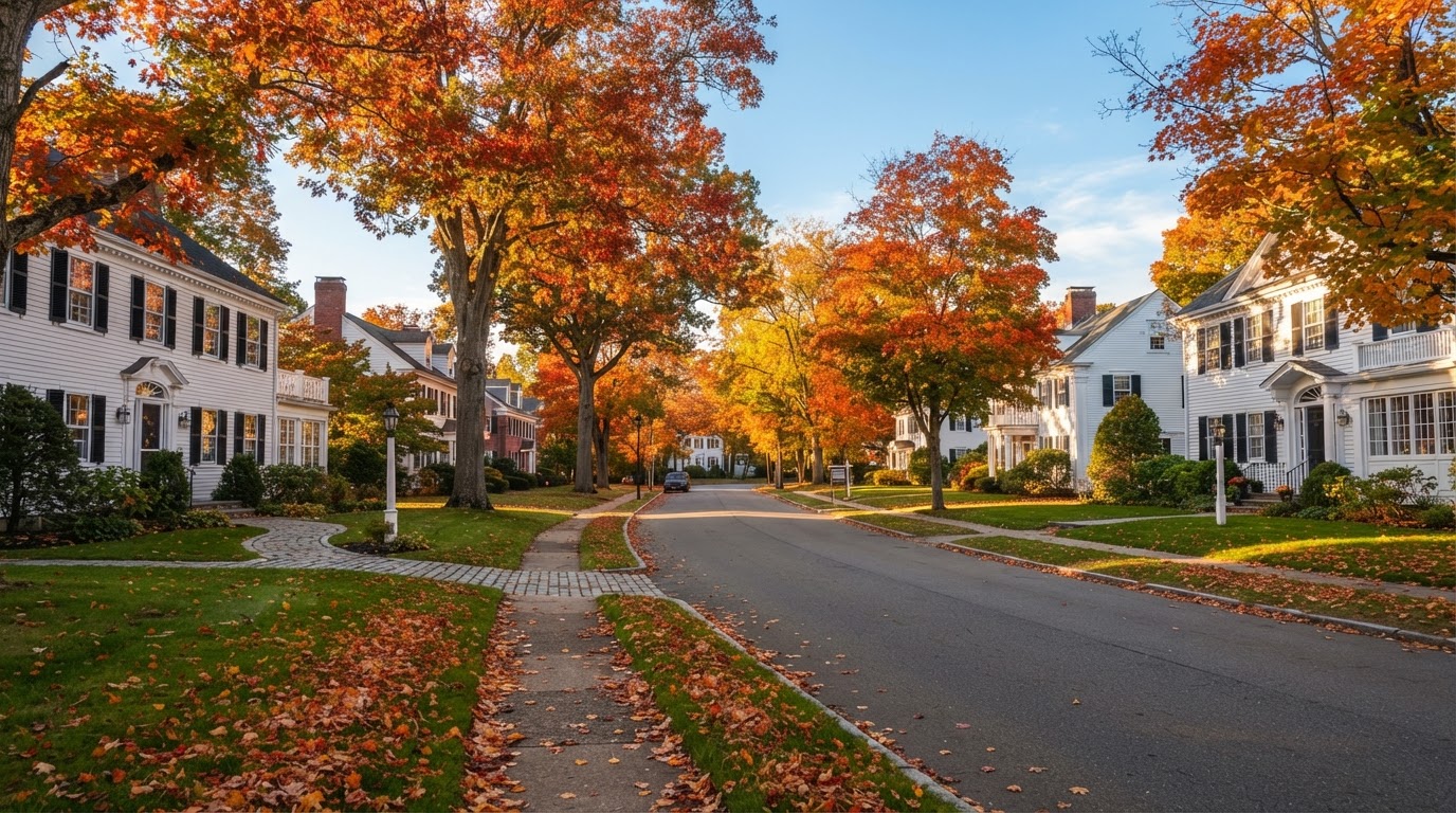 Residential street in a New England coastal town in autumn with brilliant fall foliage and white colonial homes, no real estate signs