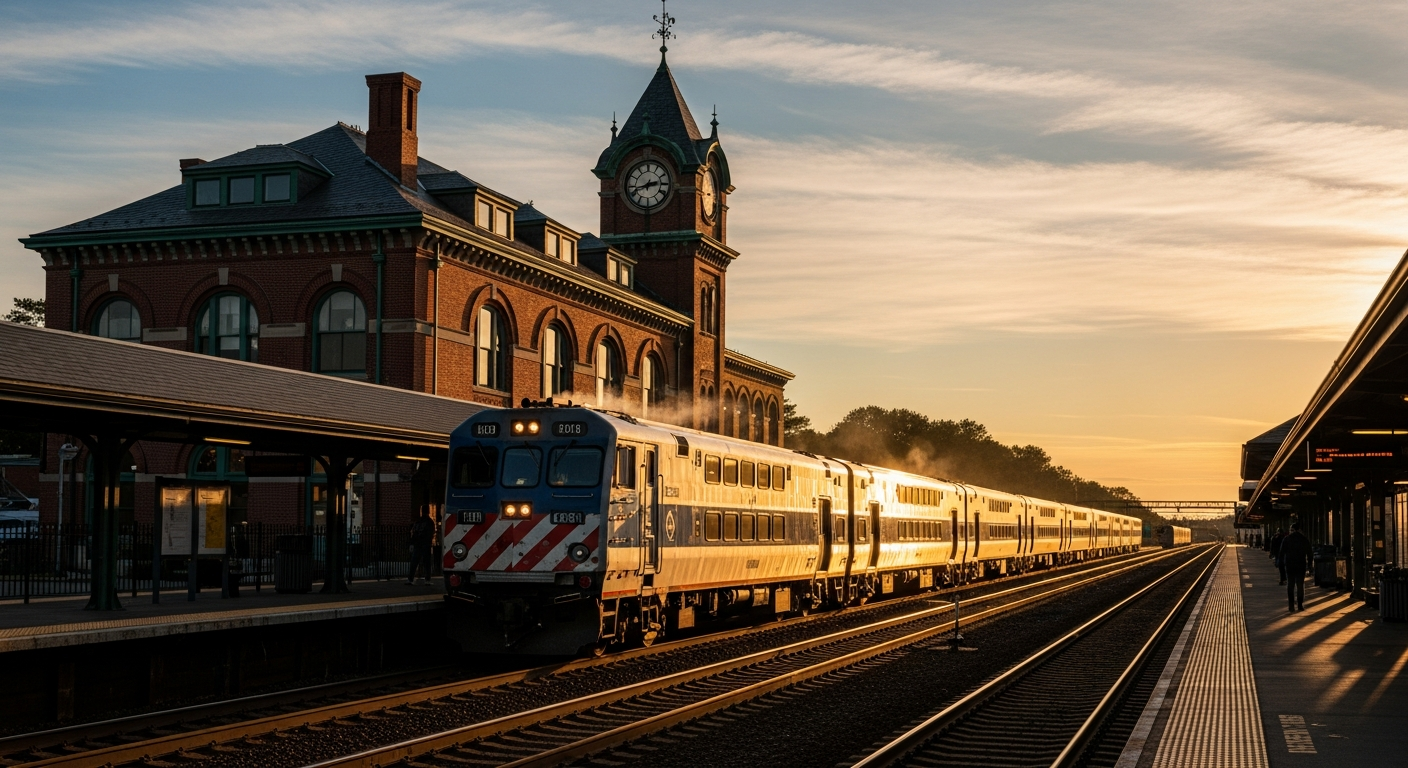 A modern commuter train arriving at a historic brick station on the North Shore of Massachusetts, golden hour.