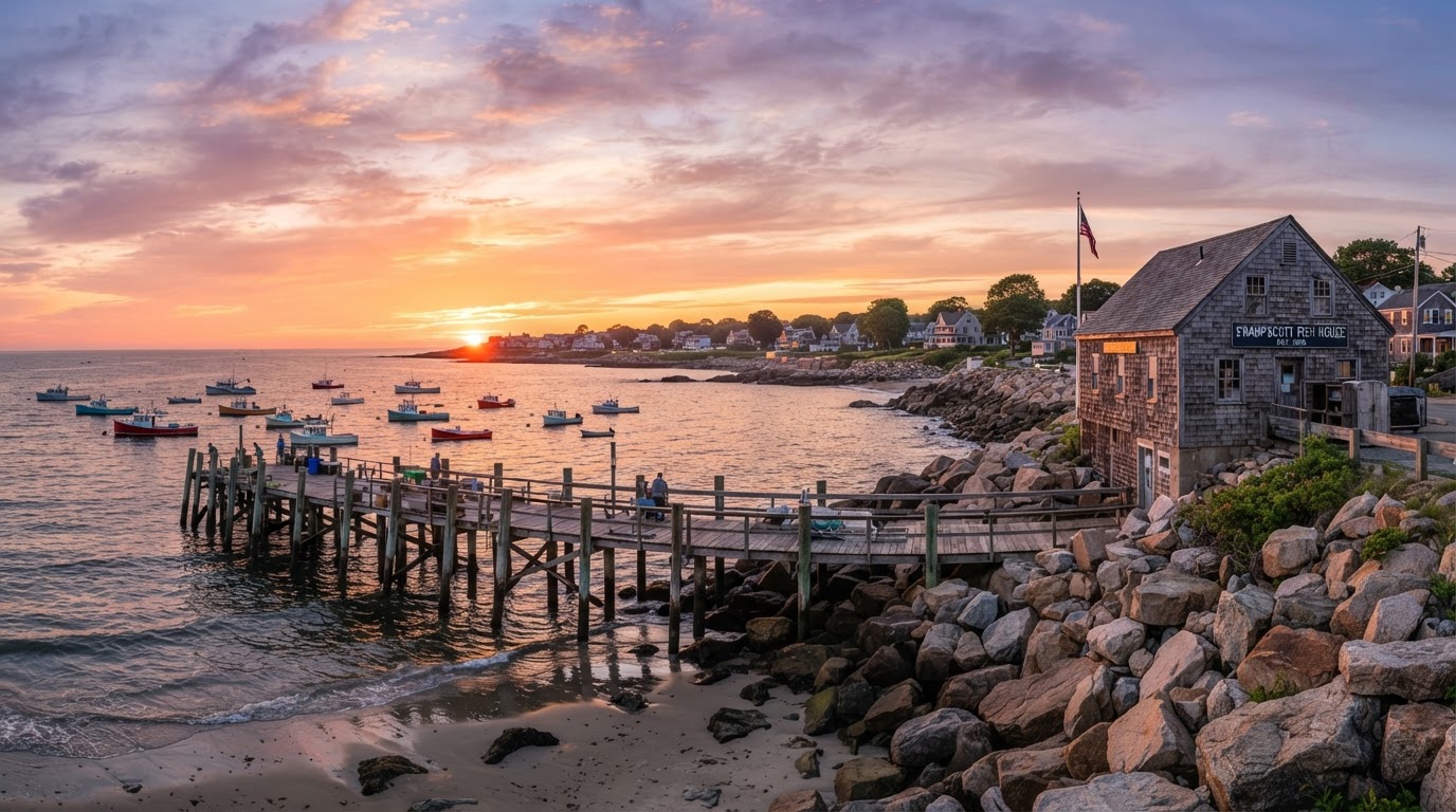 Swampscott waterfront with fishing pier and historic Fish House building
