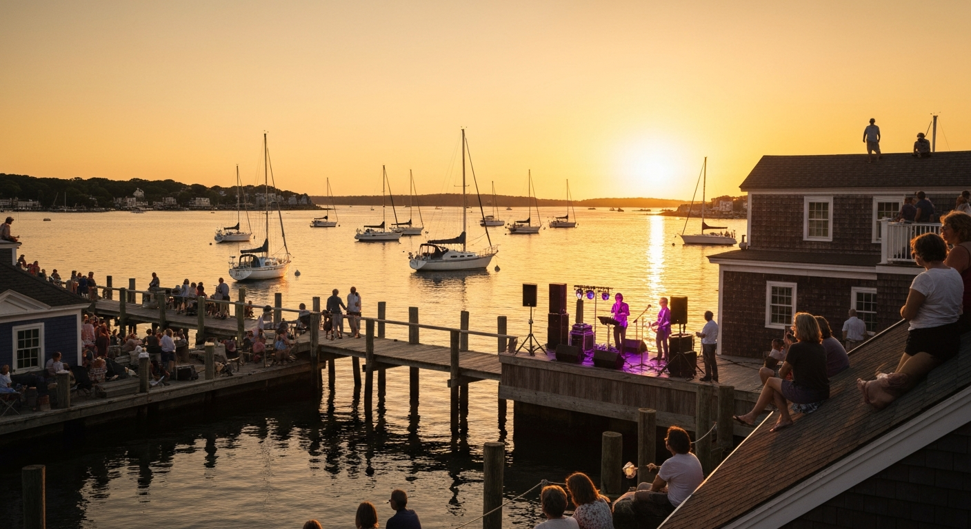 A serene summer evening in Rockport Harbor, Massachusetts, featuring a live outdoor music performance by the water, with sailboats in the background under a golden sunset.