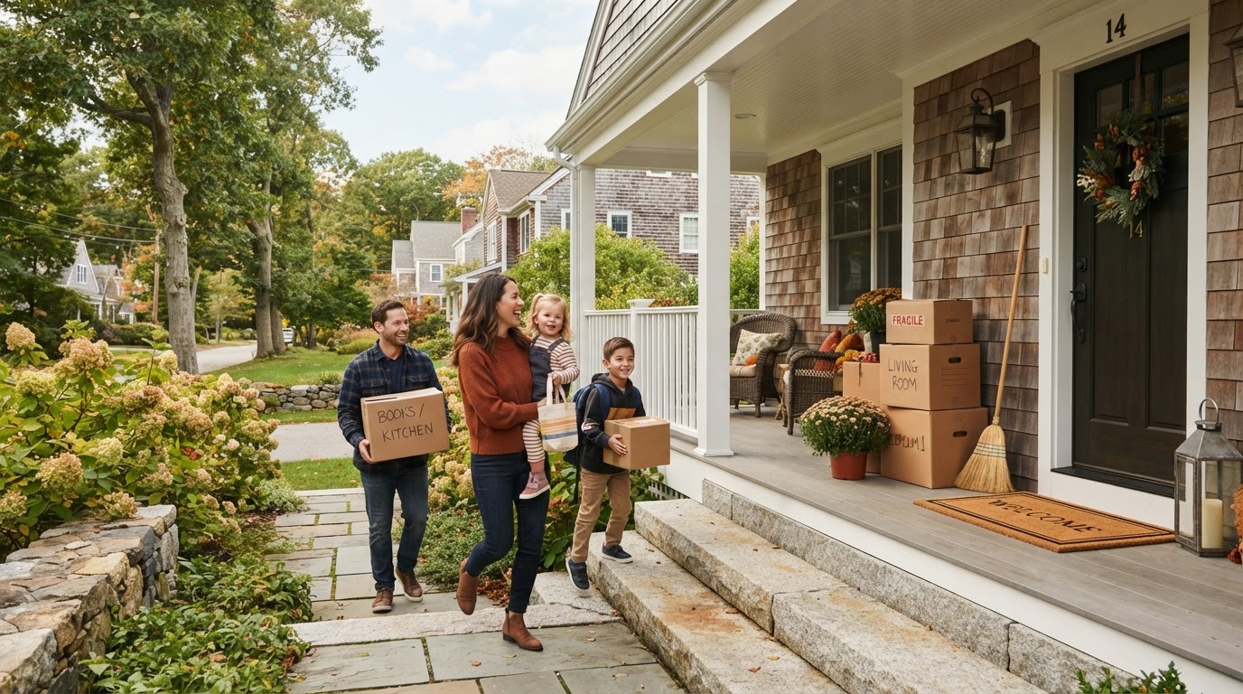 Buyers walking up the porch steps of their new North Shore home