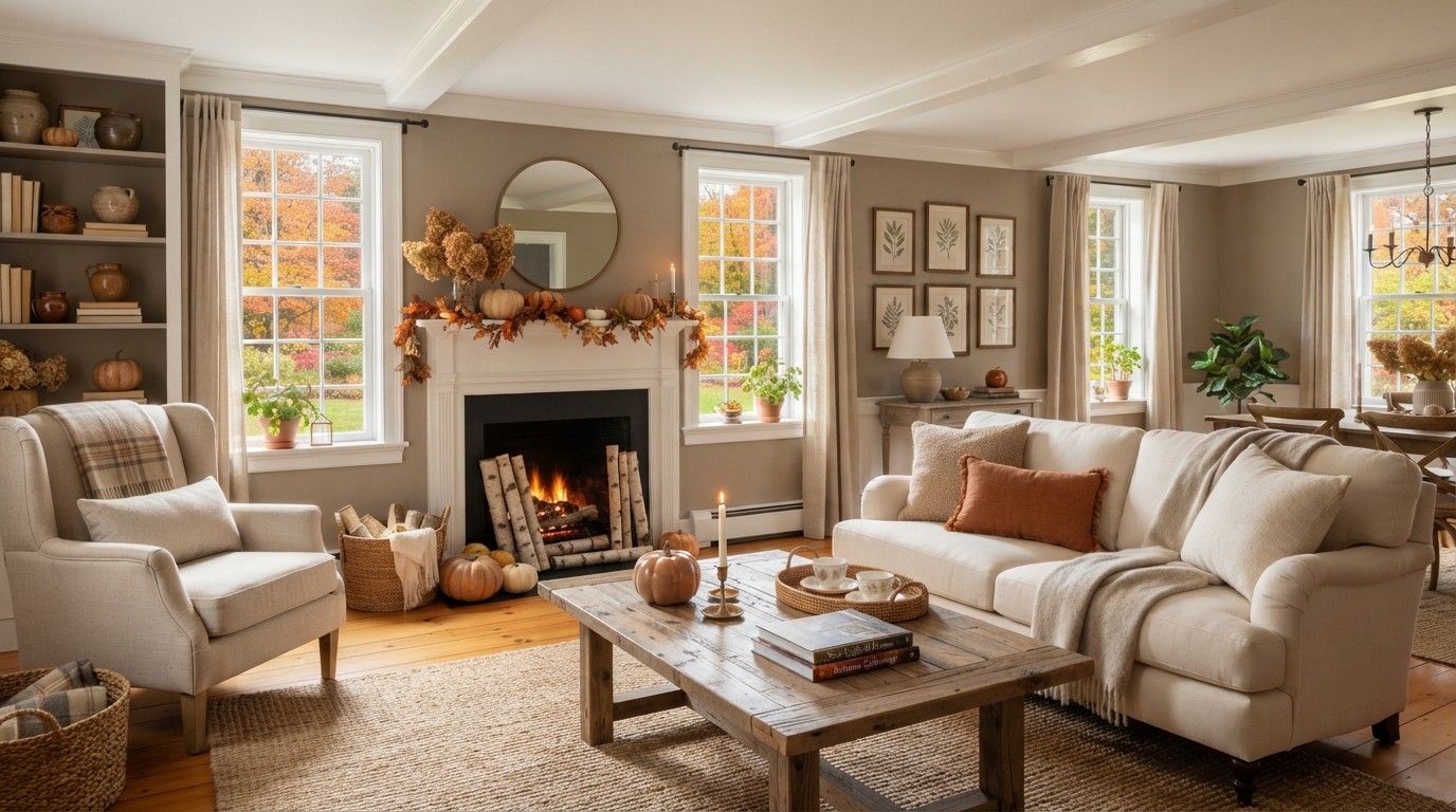 Staged North Shore living room with warm autumn decor for fall home sale