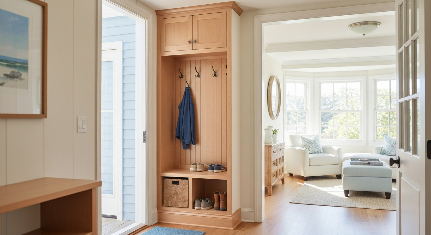A beautiful coastal Massachusetts home entryway showing practical storage and elegant design, perfectly balancing everyday life with North Shore charm.