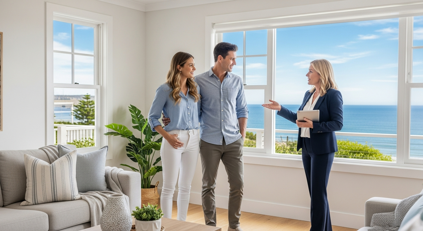Young couple looking through home with real estate agent