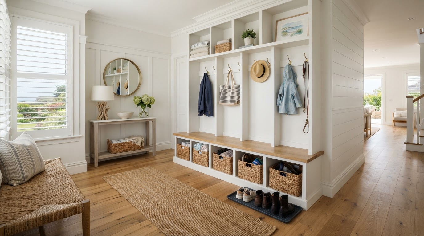 Neatly staged mudroom in a coastal North Shore Massachusetts home