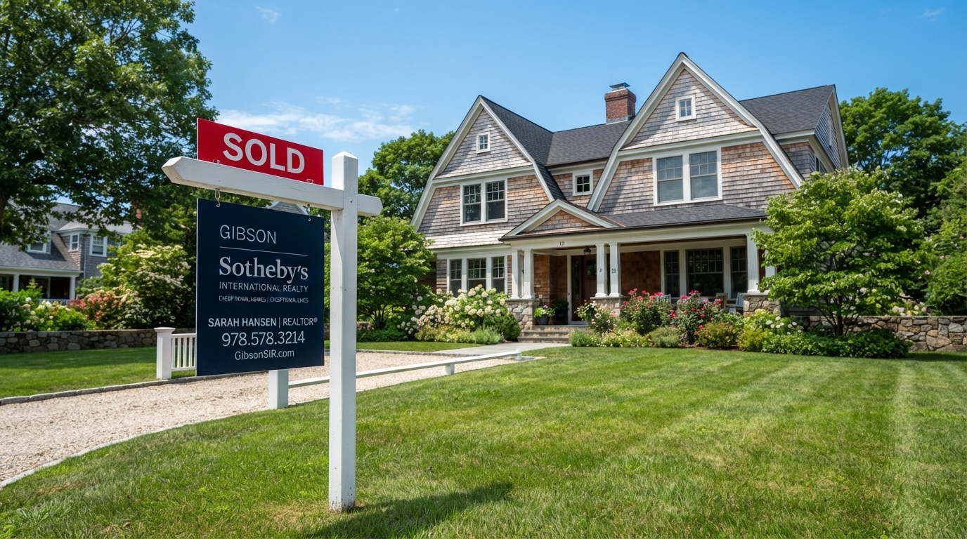 Real estate sold sign in front of a New England coastal suburban home