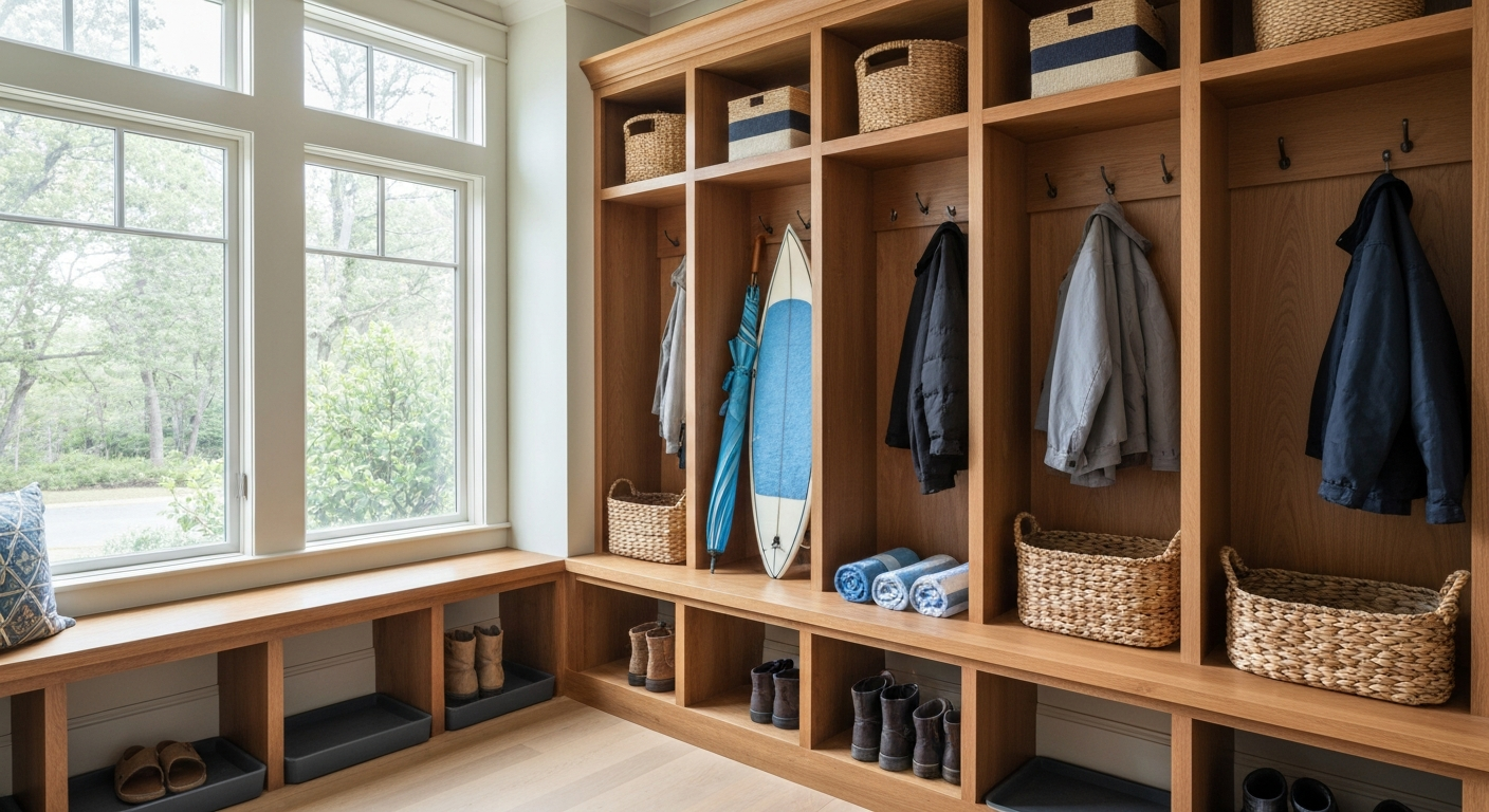 A luxury North Shore Massachusetts mudroom with custom millwork, woven baskets, boot trays, benches, and practical storage for beach gear and winter coats.