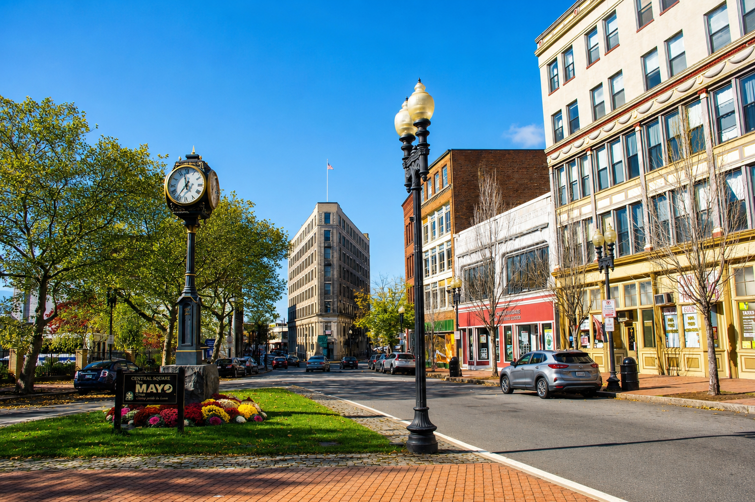 Lynn Massachusetts downtown street with historic buildings and clock