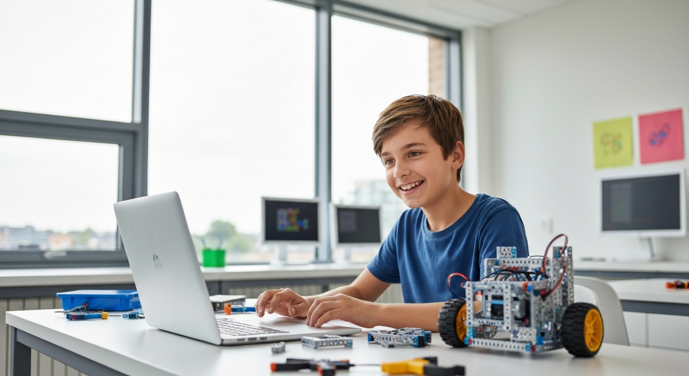 Young student coding
