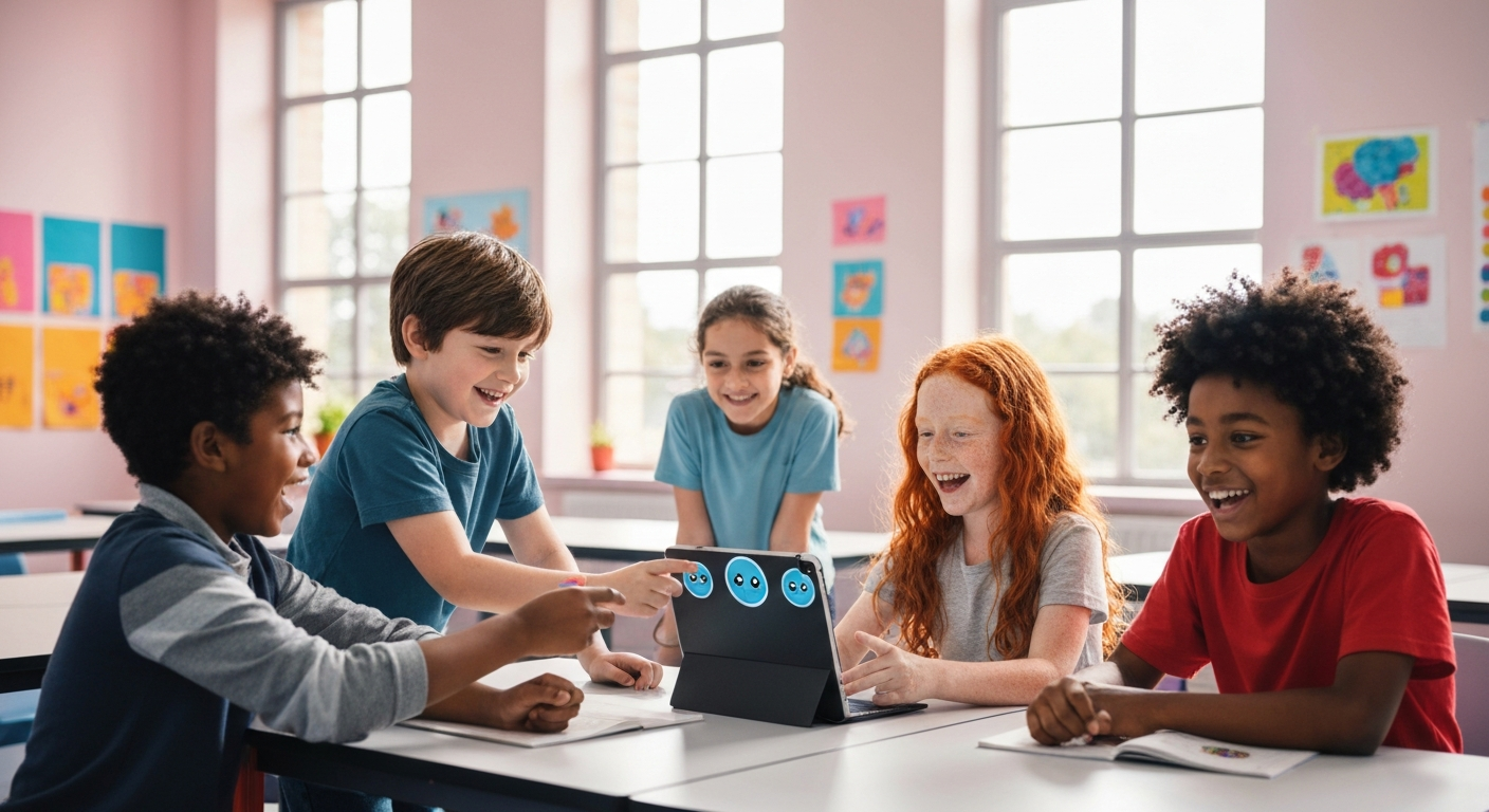 Diverse group of elementary school children interacting with AI