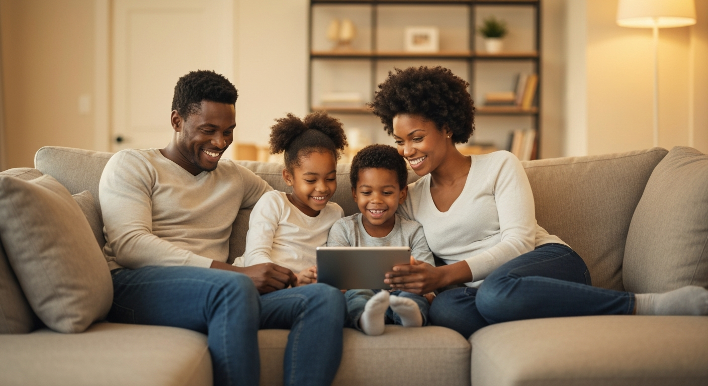 Family looking at tablet