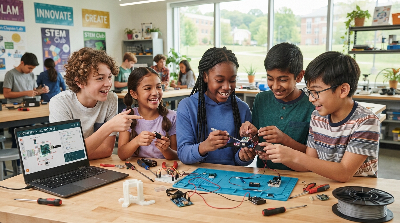 Students working together on a wearable technology prototype