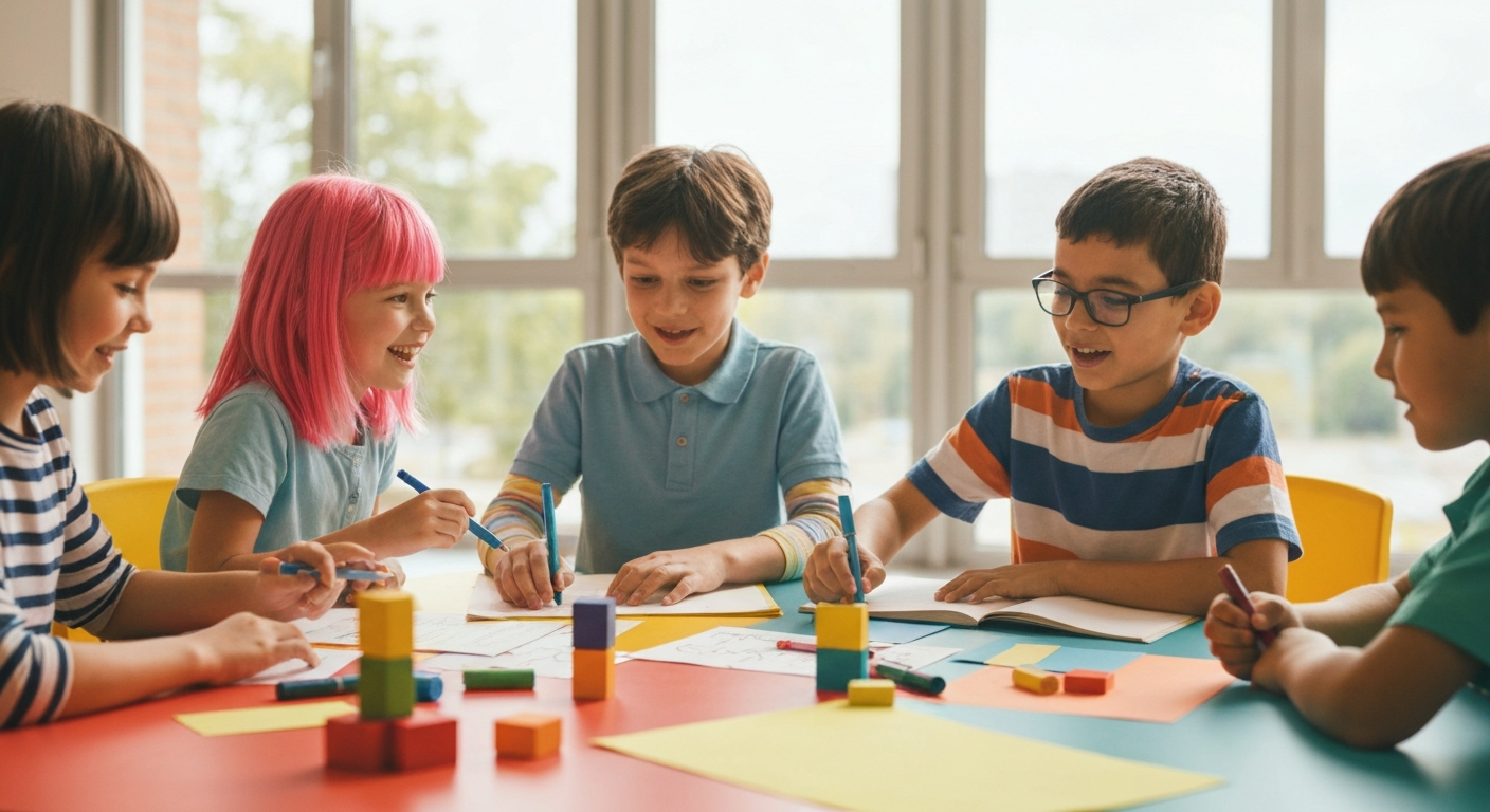 Young children collaborating on a project