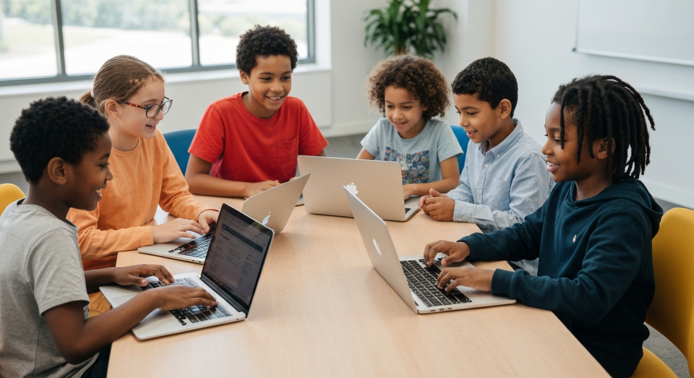 Children collaborating on laptops