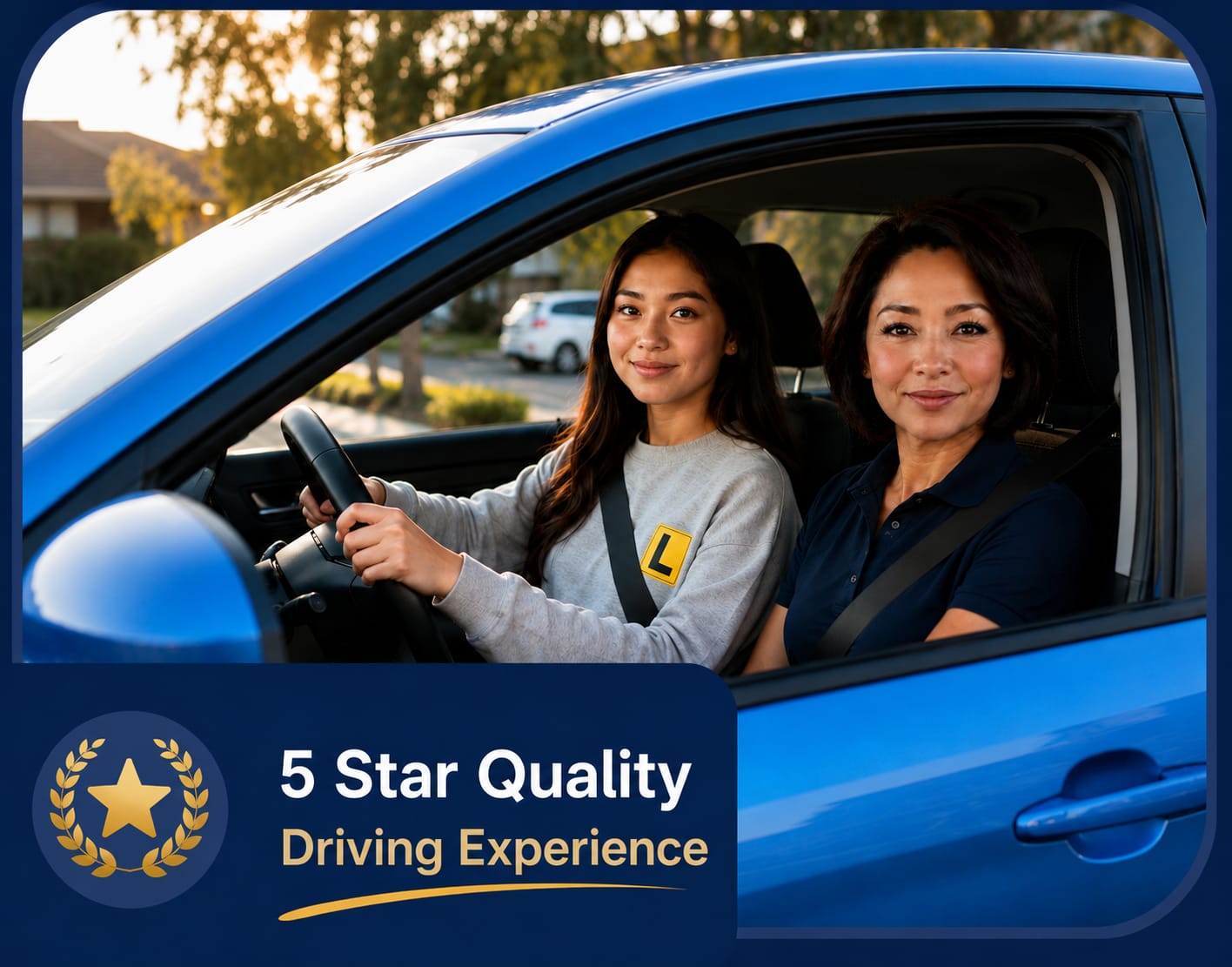 Learner driver and friendly instructor in modern driving school car