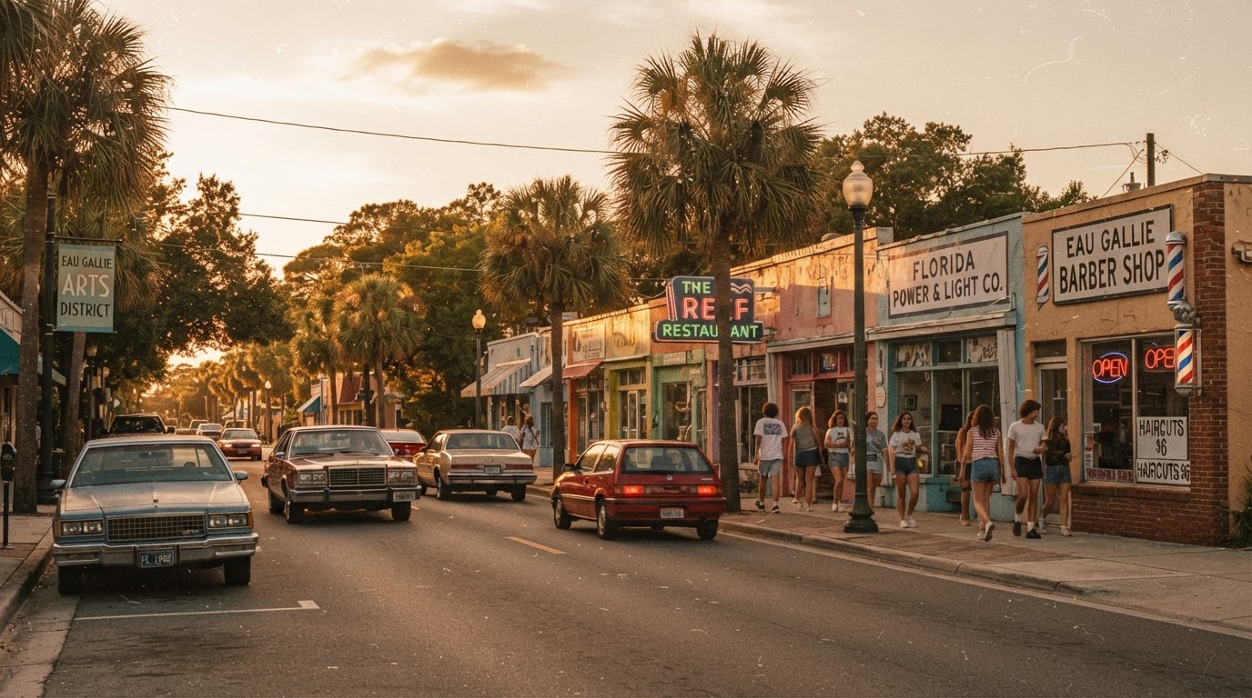 Eau Gallie Arts District in the 1980s — vintage Melbourne FL street scene with classic cars